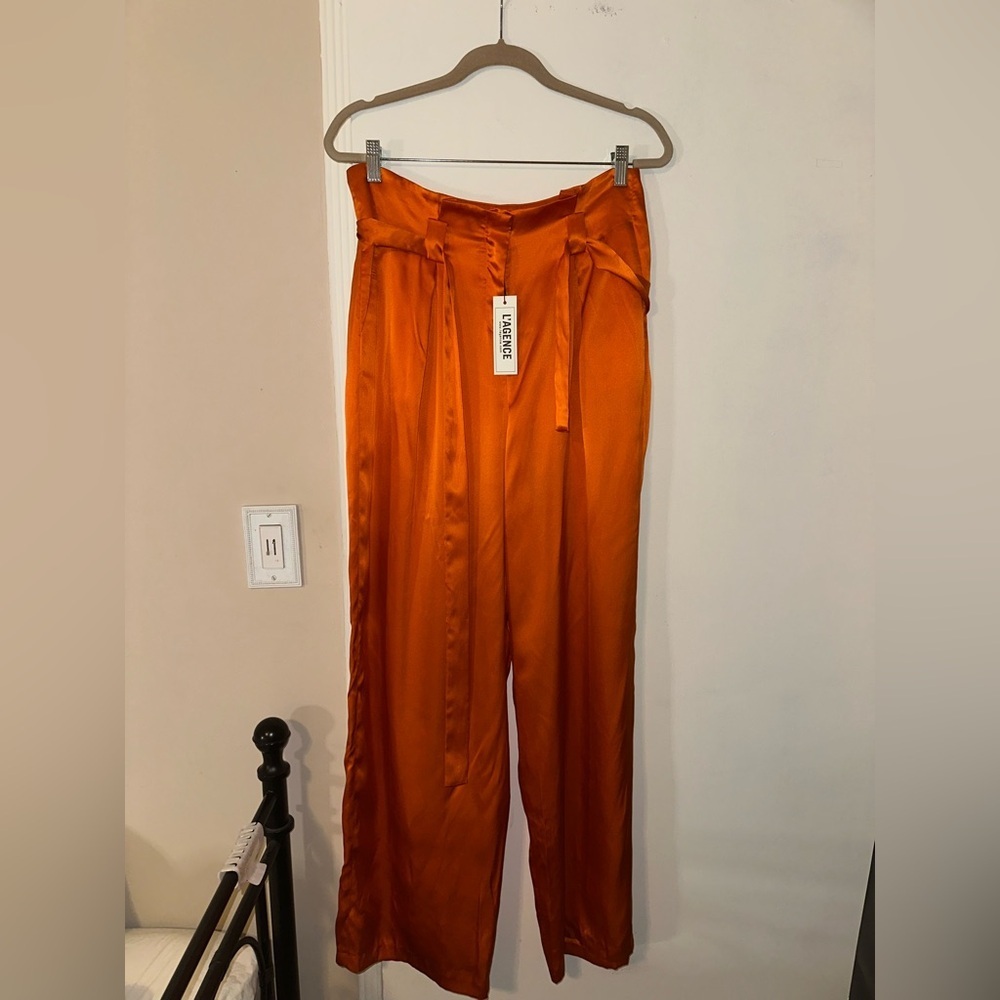 NWT L'AGENCE Bobby Wide Leg Silk Paperbag Pants In Orange Size US 8 - Picture 3 of 9